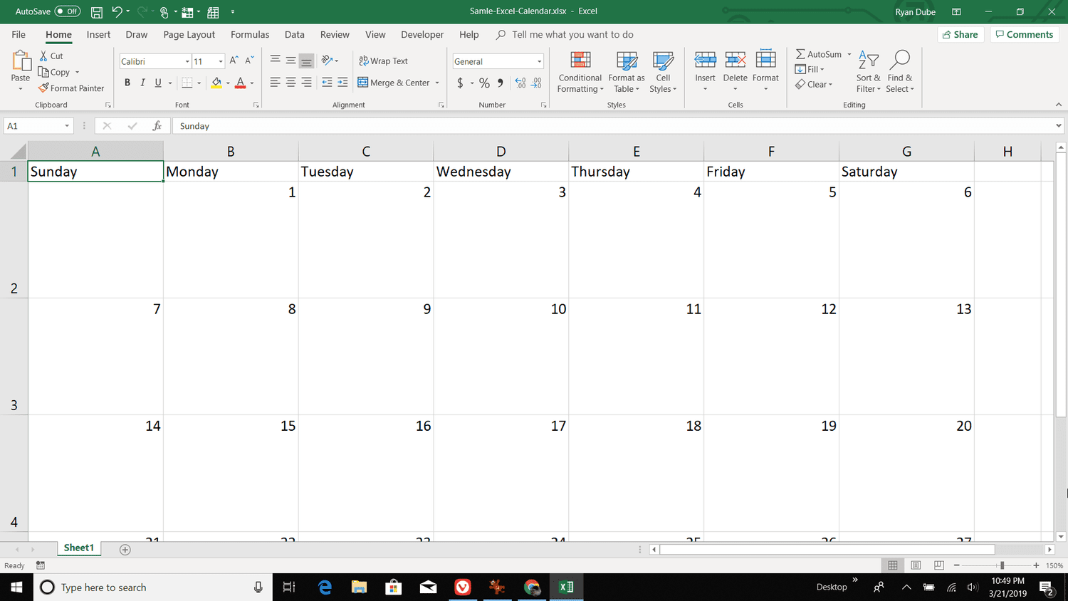Excel calendar